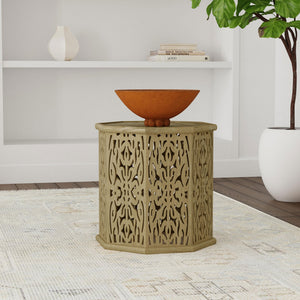 English Elm Watsonville Octagonal Mango Wood Side Table — Carved Boho Drum Accent, Natural Finish, 18"H B062P299977