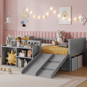 English Elm Twin Low Loft Bed for Kids with Slide Climbing Structure and Movable Bookshelf W2593P457237