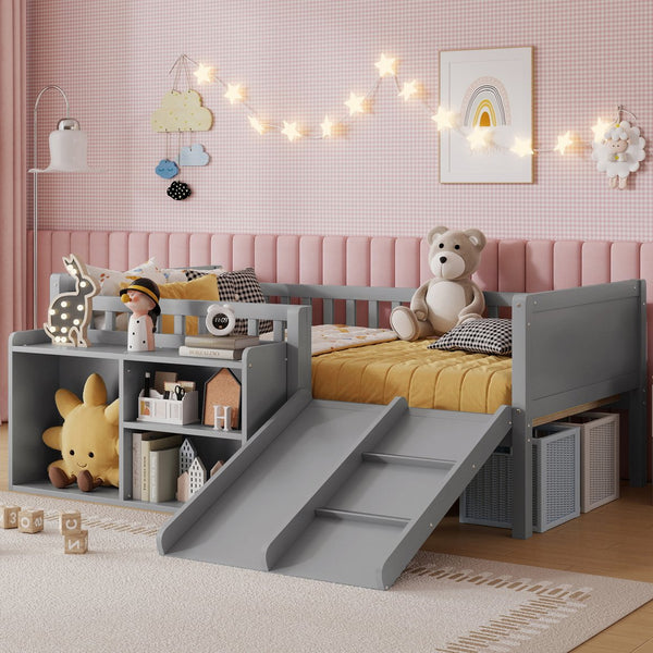 English Elm Twin Low Loft Bed for Kids with Slide Climbing Structure and Movable Bookshelf W2593P457237