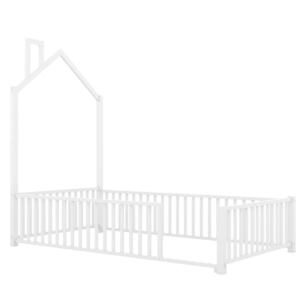English Elm Twin House Metal Platform Bed with Guardrail & Chimney, White — Kids Playful Frame, Safe Sleep Design N709P203151K