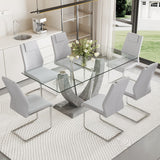 7-Piece Dining Set: Glass-Top Table & 6 Faux Leather Chairs with Metal Legs