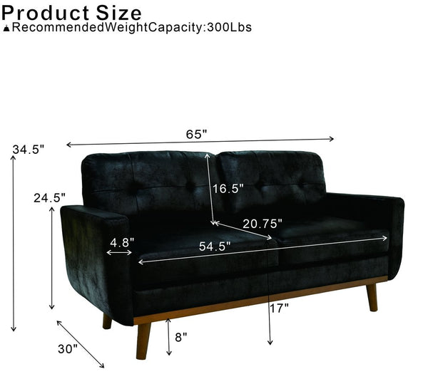 English Elm 65-inch Two Seat Sofa Breathable Foil Fabric Diamond Quilted Back Solid Wood Legs Black W5568P478823