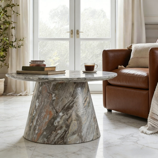 English Elm Grey Wood Grain Round Coffee Table Low Profile Mdf Living Room Accent Piece W2920P404129