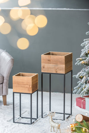 English Elm Set of 2 Reclaimed Wood Box Plant Stands with Iron Legs for Farmhouse Decor W2078P496651