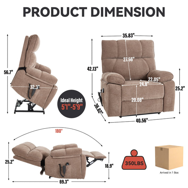 English Elm Beige Chenille Power Lift Recliner Dual Motor Massage Heat 350 Lb Capacity Brown W1803P264024
