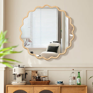 English Elm Solid Wood Wavy Mirror - 42" X 42" Natural Vanity Art Decor For Bathroom, Living Room & Entryway W1445P189555-GIGA