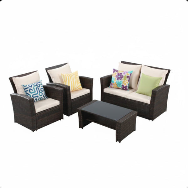 English Elm 4-piece Outdoor Wicker Conversation Set with Tempered Glass Table and Resort Style Brown B082S00060