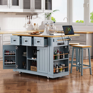 English Elm K&K 53" Large Kitchen Island with 2 Stools, Built-In Power Station, Wheels, Drop Leaf & Ample Storage Grey-Blue N707S000007G