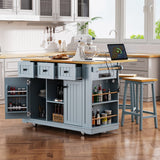 English Elm K&K 53Inch Large Kitchen Island With Drop Leaf,Power Outlet,Door Internal Storage Rack,Rolling Kitchen Cart On 5 Wheels With 5 Open Side Racks For Kitchen,Dining Room,Grey Blue(Not Include Bar Stools)