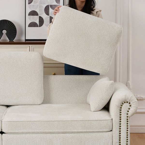 English Elm 86" Chenille Sleeper Sofa with Nailhead Rolled Arms Three Seat Convertible for Any Room Beige W3373S00087