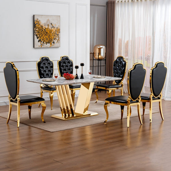 English Elm Marble Dining Table For 6 – Modern Faux Marble Kitchen Table With Chrome Base, Stylish & Durable Design W3456S00020