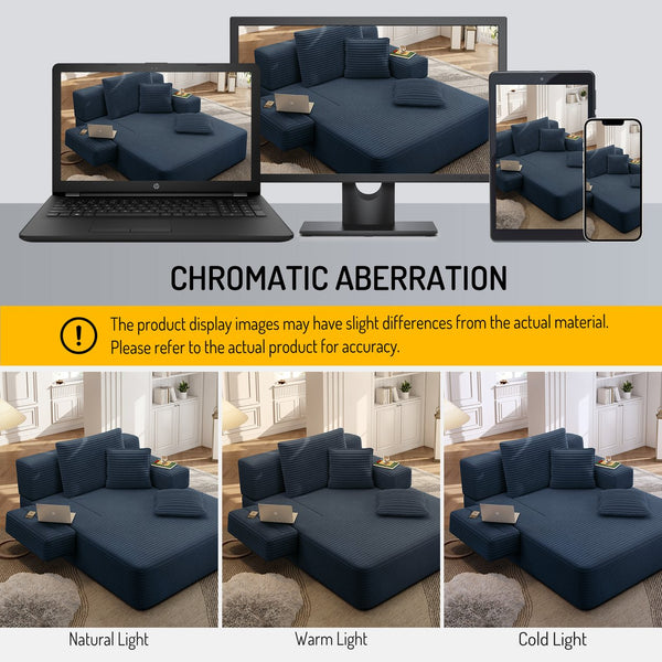 English Elm Luxurious Corduroy Convertible Chaise Lounge Sofa Bed with Storage and Coil Spring Foam Blue W3219P483087