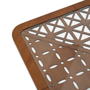 English Elm Modern Square Glass Top Coffee Table with Geometric Pattern and Black Metal Frame N770P197539B