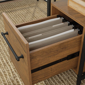 English Elm L-Shaped Desk With Elegant Brown Finish – Versatile Workspace Solution With Ample Storage & Cable Management B356P367765
