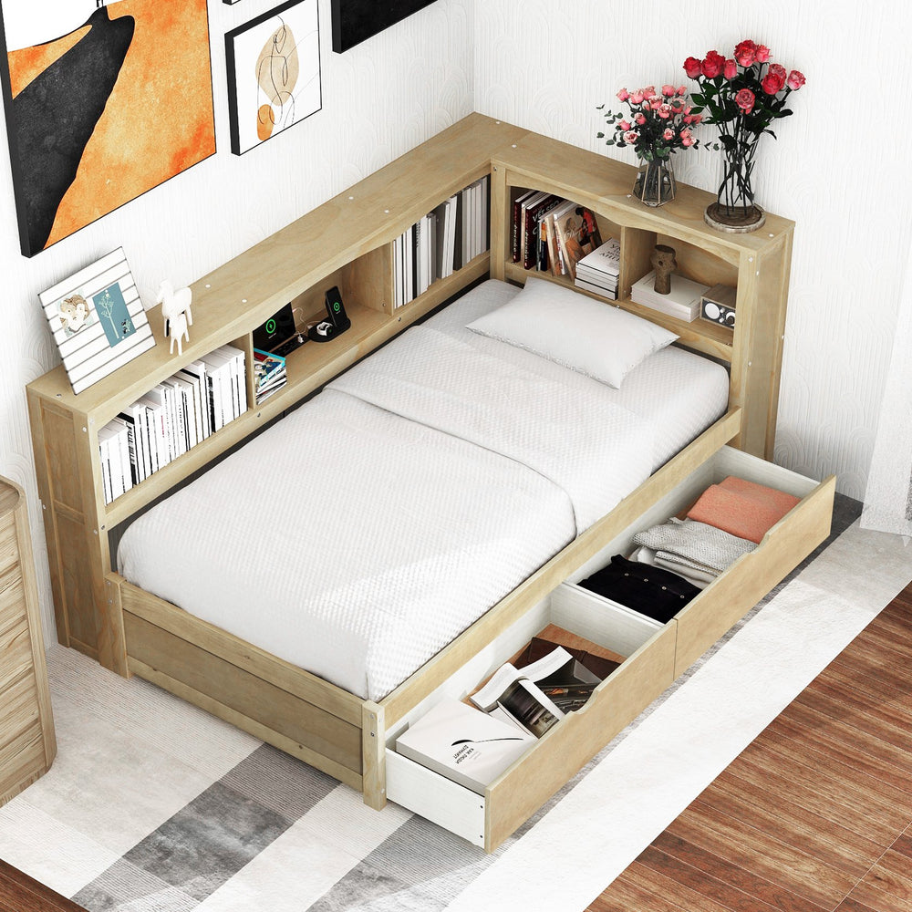 English Elm Twin Twin Size Daybed with USB Charging, Two Storage Drawers & Shelves, Sturdy MDF Frame, 300lb Capacity Wood GX000396AAD