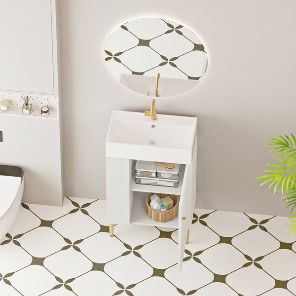 English Elm 21.6" Compact Bathroom Vanity Ceramic Sink Wave Door Open Shelf White Finish W1920S00189