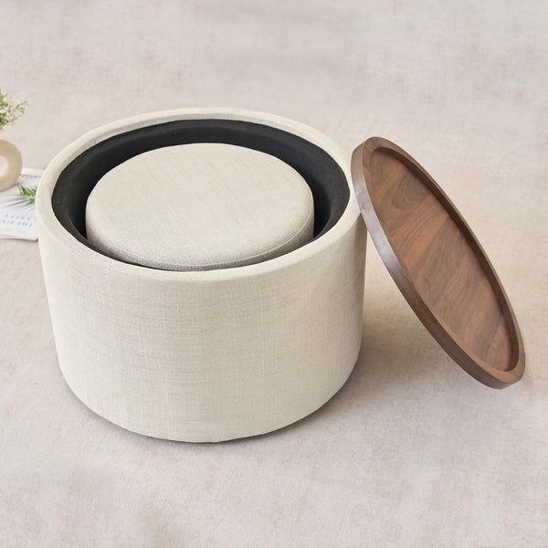 English Elm Ball Cast Round Nesting Ottoman Set Linen Upholstered Hidden Storage with Wooden Tray Beige W3163P379373