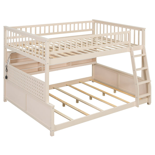 English Elm Full Xl Over Queen Bunk Bed Pinewood Frame with Led Lights Shelving Pegboard Beige LT000279AAA
