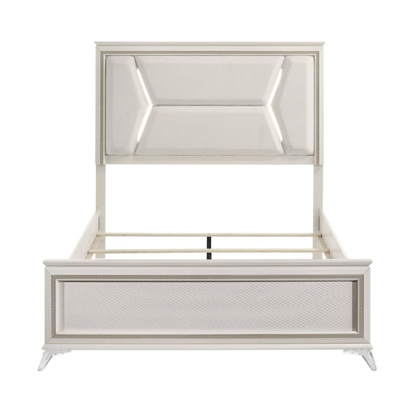 English Elm 1pc Chenille Upholstered Queen Headboard with LED Lighting, Modern Luxury Bed Frame in Antique White Gold Finish B011S01547