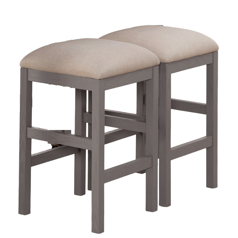 English Elm Light Gray Farmhouse 2pc Counter Stools with Beige Linen-Like Upholstered Seats, Solid Wood Frame B011P232973