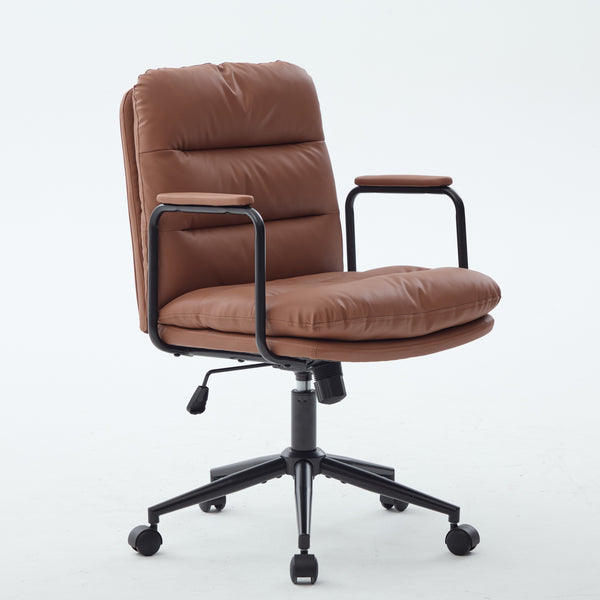 English Elm Office Ergonomic Mid-Back Chair with Double Sponge Cushions, Reclining 40° Base, Padded Arms and Wheels Brown W1143P373975