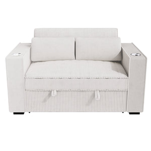 English Elm Beige Convertible Corduroy 2-Seat Sleeper Sofa with Cup Holders, USB Ports & Throw Pillows — Cozy B011S01585