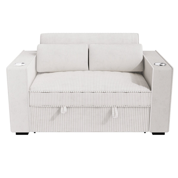 English Elm Beige Convertible Corduroy 2-Seat Sleeper Sofa with Cup Holders, USB Ports & Throw Pillows — Cozy B011S01585