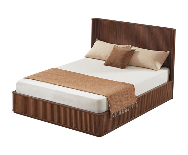 English Elm Natural Fluted Wood Platform Bed Minimalist Queen Frame with Tall Curved Headboard Walnut W5219S00003