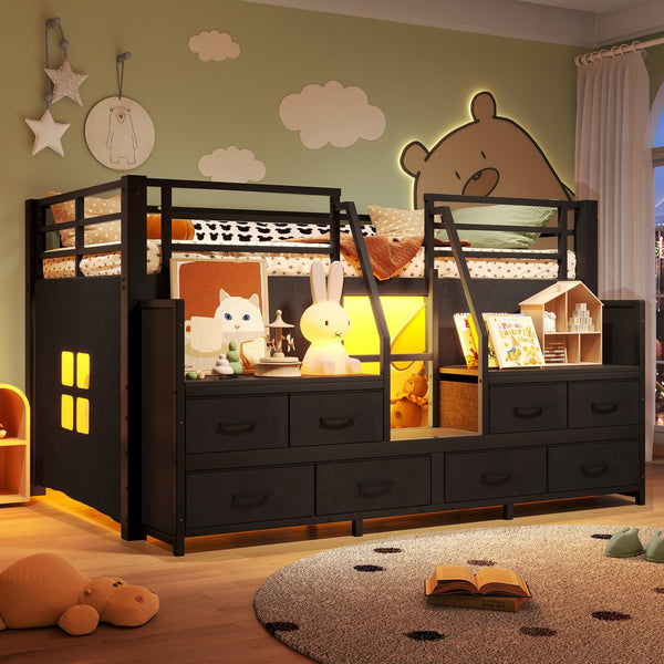 English Elm Twin Low Loft Bed with Shelves Fabric Drawers and Under Bed Study Nook Metal Frame Black W5305S00043