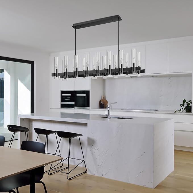 English Elm Black Linear Chandelier 12 Light Seeded Glass Farmhouse Fixture for Dining Rooms W5008P392744