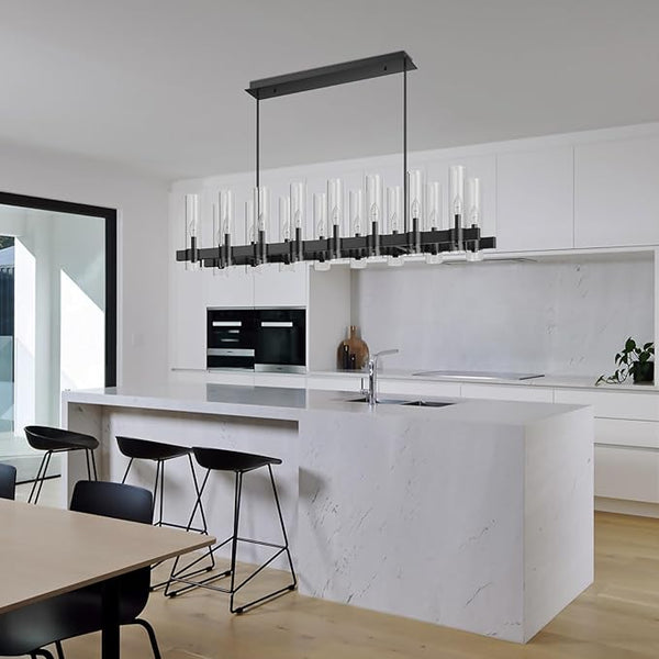 English Elm Black Linear Chandelier 12 Light Seeded Glass Farmhouse Fixture for Dining Rooms W5008P392744