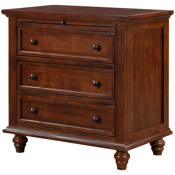 English Elm U_style Minimalist 3 Drawer Nightstand with Pull Out Tray Rubberwood Legs Bedroom Storage Brown WF319367AAD