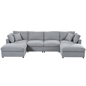 English Elm U_style Six Seat Chenille U Shaped Sectional Modular Sofa with Movable Ottomans Grey WY000474AAE