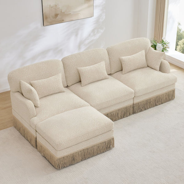 English Elm 100"comfy Chenille Leopard Print Sectional Sofa with Tassel Trim and Movable Ottoman Beige W5656S00005