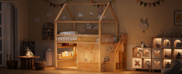 English Elm Full Size Solid Wood House Bed with Led Shelf Lighting for Kids Bedroom Natural N7500005026N