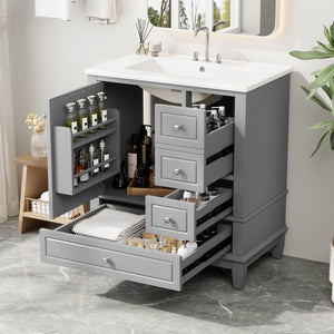 English Elm Christopher Knight Home® - 30" Freestanding Bathroom Vanity with Ceramic Sink, Soft-Close Door, Gold Knobs & 3 Drawers, Durable Painted Finish Grey N759P225994E