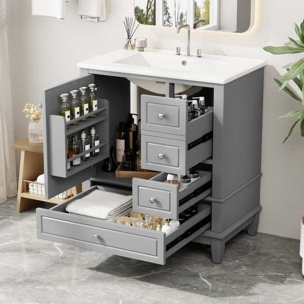 English Elm Christopher Knight Home® - 30" Freestanding Bathroom Vanity with Ceramic Sink, Soft-Close Door, Gold Knobs & 3 Drawers, Durable Painted Finish Grey N759P225994E