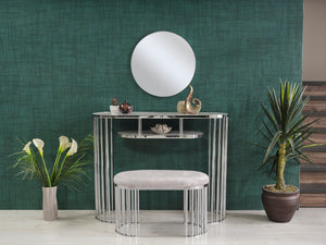 English Elm Garry Oval Fabric Ottoman with Chrome Legs — Plush Upholstery, Compact Modern Seat for Living Spaces Beige B029P333530