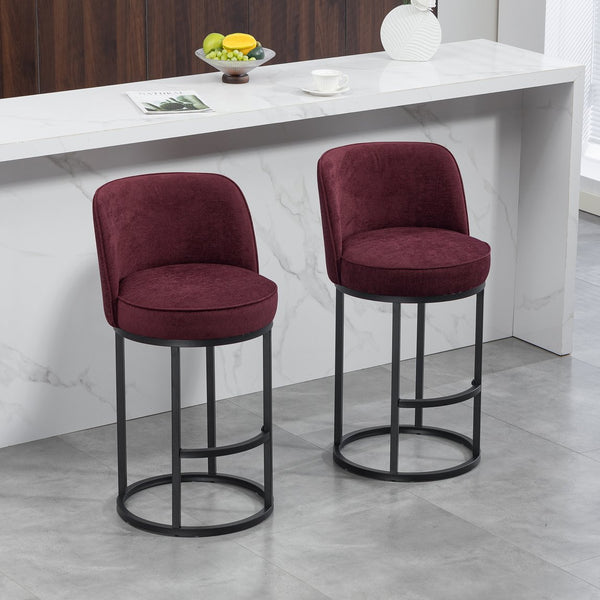 English Elm Counter Height Barstools Set of 2 Linen Upholstered Barrel Seat with Iron Legs Wine Red W395P410434