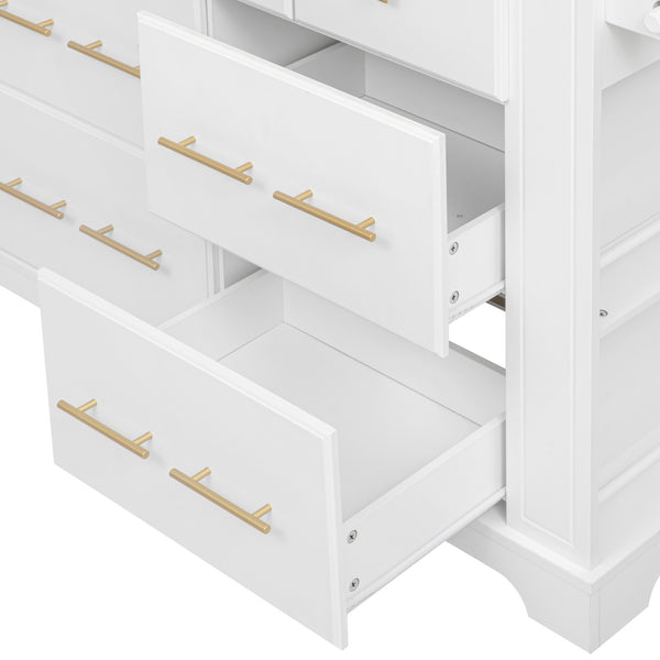 English Elm K&K Rustic Kitchen Island Cart with 6 Drawers, Pull-Out Trash Cabinet, Drop Leaf & Built-In Charging Station White N707P307292W