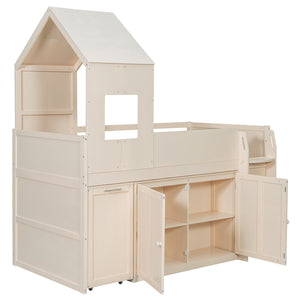 English Elm Twin House Loft Bed with Pull Out Rolling Desk Stair Drawers and Cabinet Storage Beige N820S00072A