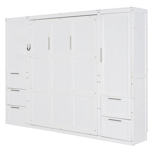 English Elm Queen Murphy Wall Bed with Wardrobe Drawers and Shelves for Studio or Guest Room White LP000865AAK-1