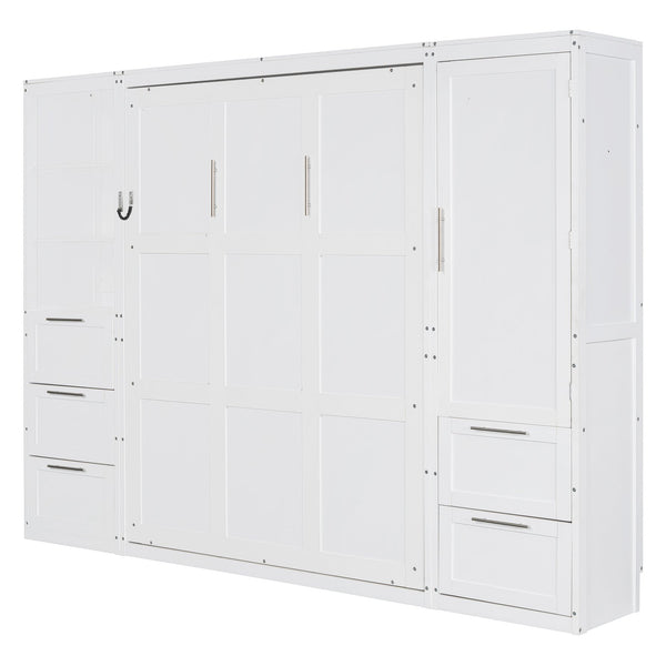 English Elm Queen Murphy Wall Bed with Wardrobe Drawers and Shelves for Studio or Guest Room White LP000865AAK-1