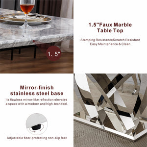 English Elm Marble Dining Table For 6 - Modern 74.8" Rectangle Faux Marble Top With Chrome Base, Easy Care W3456S00051