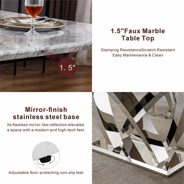 English Elm Marble Dining Table For 6 - Modern 74.8" Rectangle Faux Marble Top With Chrome Base, Easy Care W3456S00051