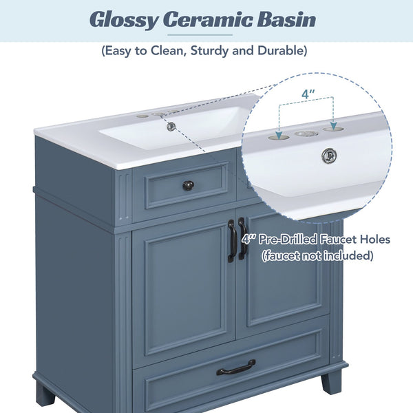 English Elm 30'' Bathroom Vanity with Sink - Retro Solid Wood Frame, Ceramic Basin, Soft-Close Doors & Ample Storage Blue N710P190656C