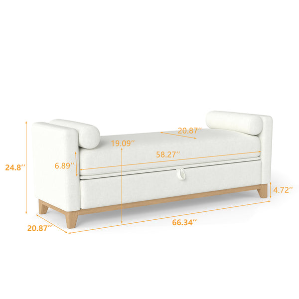 English Elm 66 Inch Sherpa Upholstered Storage Bench with Fluted Wood Base and Bolster Pillows Beige+Natural W1658P446112