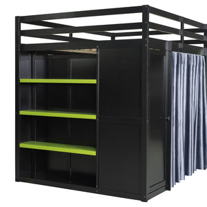 English Elm Full Size Wood Loft Bed with Wardrobe Desk Shelves Rgb Lighting and Blackout Curtains Black+Green LT000269AAF-1
