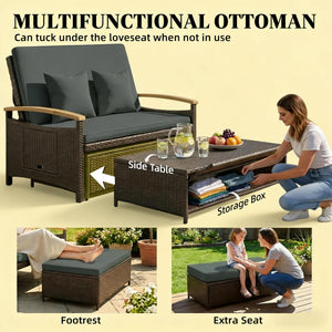 English Elm 4-in-1 Wicker Outdoor Daybed with Acacia Armrests Reclining Loveseat and Storage Ottoman Gray T3971P484825