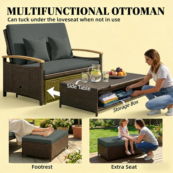 English Elm 4-in-1 Wicker Outdoor Daybed with Acacia Armrests Reclining Loveseat and Storage Ottoman Gray T3971P484825